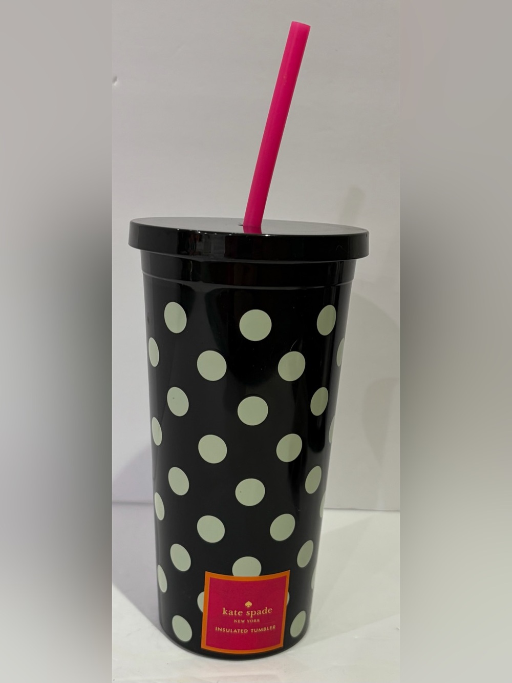 Kate Spade Black Polka Dot Reusable Tumbler with Pink Straw NWOT